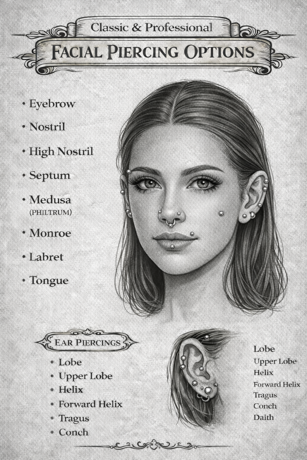 Facial piercing diagram showing labeled piercing locations including eyebrow, bridge, septum, nostril, Medusa, Monroe, angel bites, and other face and ear piercings.